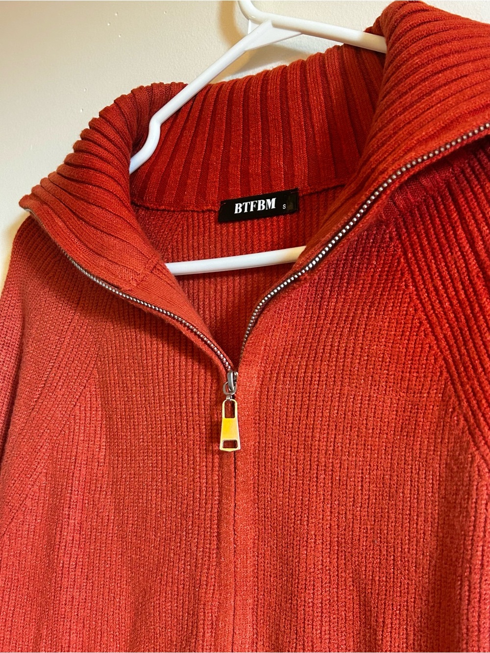 Brick Red Zip-Up Ribbed Sweater
